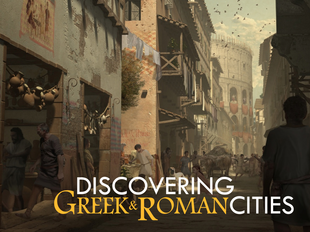 Bymiljø fra smal gate og mennesker i skjortler med skriften "Discovering Greek & Roman Cities". Illustrasjon.