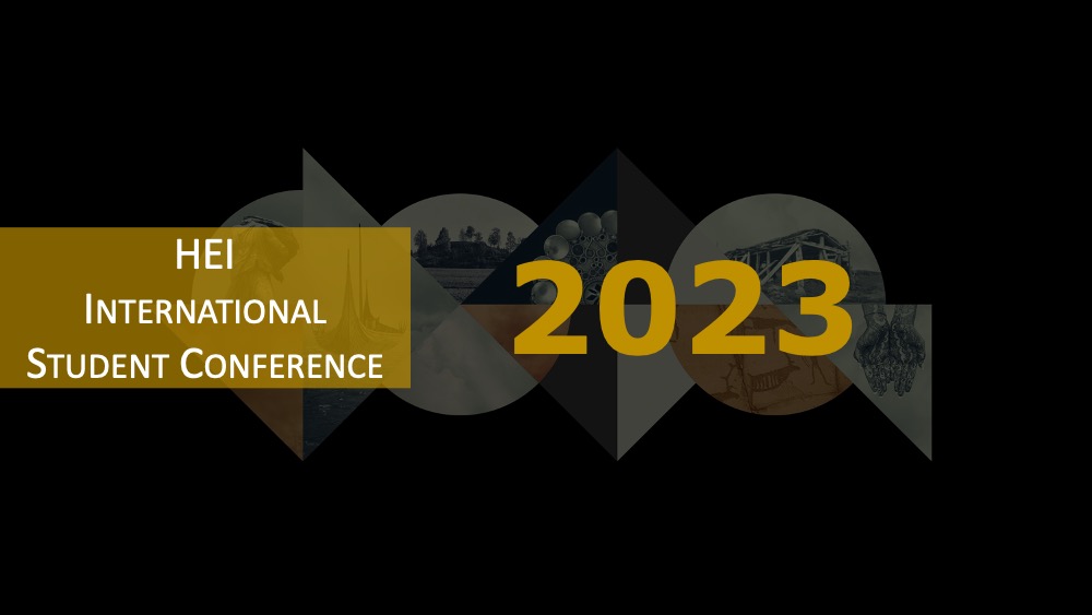 HEIs gule logo på sort bakgrunn med skriften: HEI - International Student Conference 2023