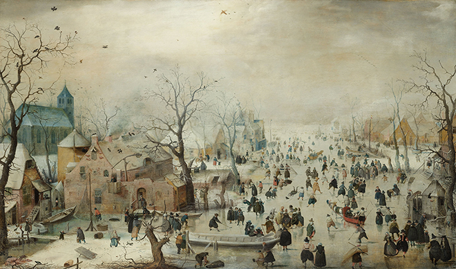 Maleri av mennesker i vinterlandskap