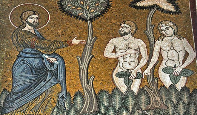 Mosaikk av Gud, Adam og Eva.