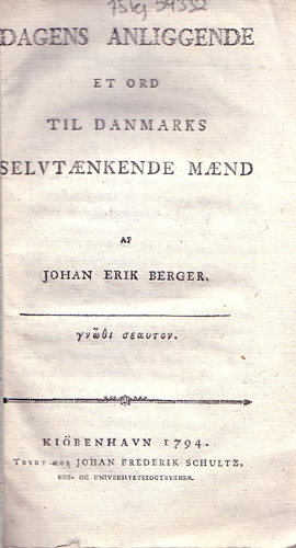 Forside til J. E. von Berger, Dagens Anliggende (1794)