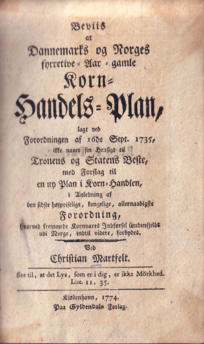 Forside til Christian Martfeldts skrift om kornmonopolet (1774)