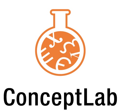 Logo for ConceptLab, kolbe fylt med oransje farge og matematiske formler.
