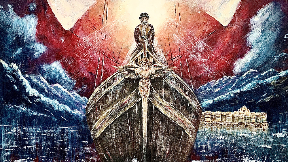 Et maleri av en båt i dramatiske omgivelser.