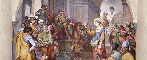 Maleri av den hellige Katarina omgitt av en gruppe mannlige filosofer.