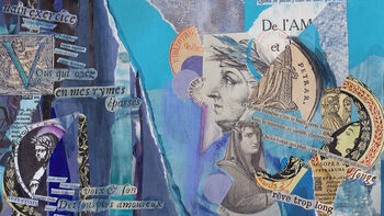 French words, clippings of portraits. Blue, purple, black and gray colors. Collage