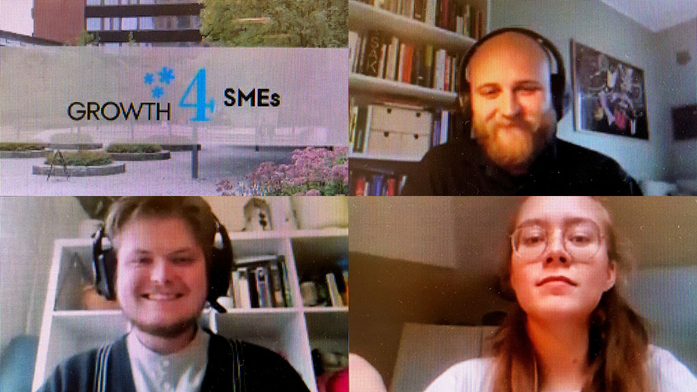 Montasje av fire bilder. Øverst til venstre er logo for Growth4SMES over et bilde av Niels Treschows hus. Øverst til høyre, og nederst følger skjermbilder av tre studenter som har deltatt.