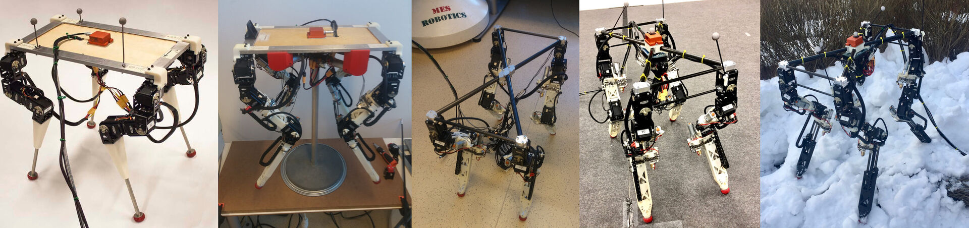 Five photos of a robot in different designs. Photos in a collage.