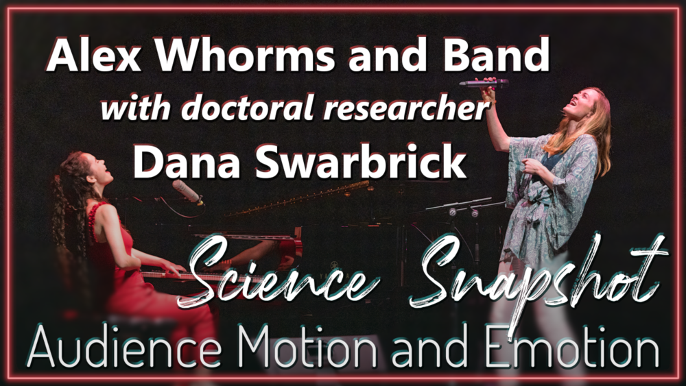Dana Swarbrick and Alex Whorms singing together. Text overlay reads "Alex Whorms and Band with doctoral researcher Dana Swarbrick. Science Snapshot. Audience Motion and Emotion."