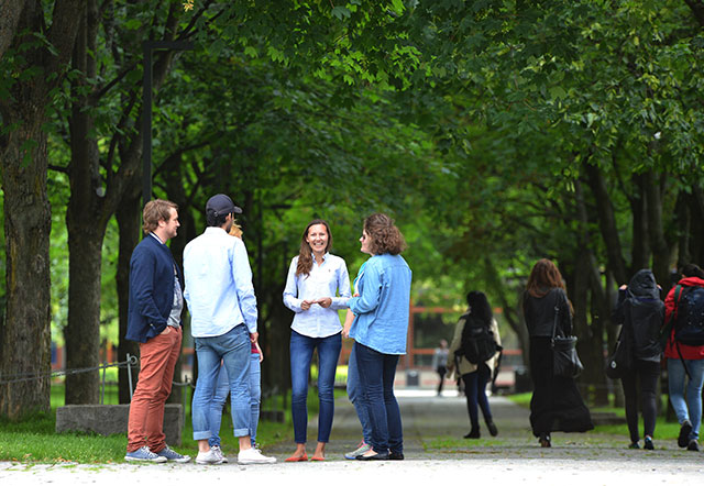 Seks studenter står i sirkel og snakker blidt sammen i en park med trær. Foto.