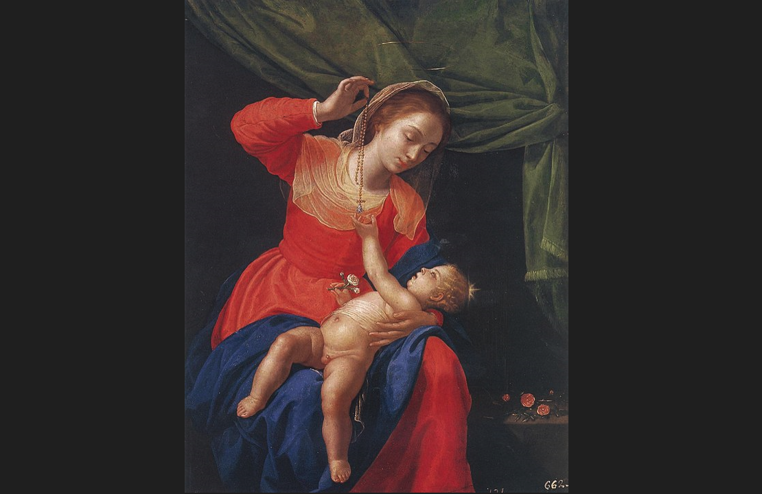 Virgin Mary, child Jesus, mother, child, rosary. red and blu dress, naked baby playing with rosary