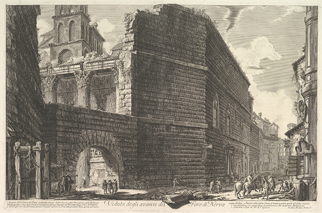 Etsing av Piranesi som viser Augustus høye mur i Roma