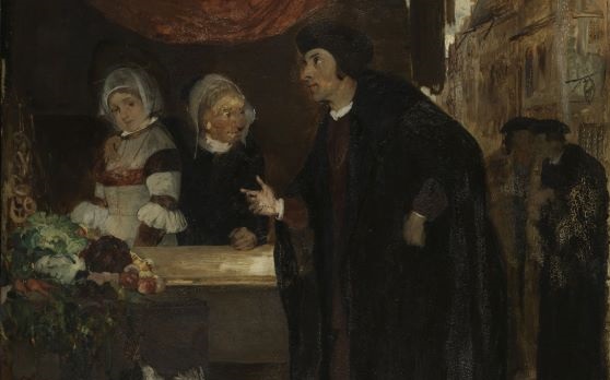 Erik Valkendorf treffer Sigbrit Willlums og Dyveke på Bergens torv i 1507. Maleri av Eilif Petersen, 1876,  Ved en grønnsaksbod: Mann i mørk frakk snakker med eldre dame som lytter oppmerksomt, og holder hånden over skulderen på en ung kvinne