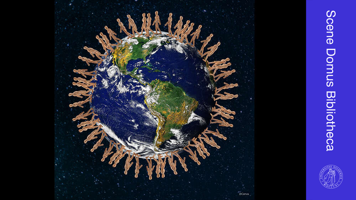 Illustration of the Earth seen from space, with many small human figures standing close together all around the Earth’s circumference, forming a circle.