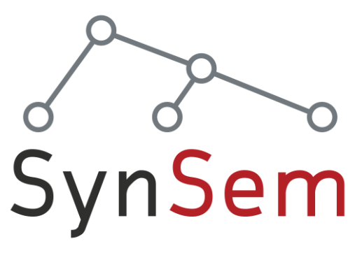 SynSem står det med bokstaver. Og 5 sirkler knyttet sammen med streker. Syntax and semantics forskningsprosjekt. Logo.
