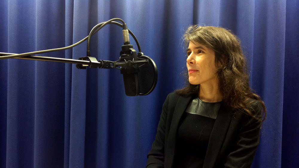 Karin Kukkonen in the podcast studio.