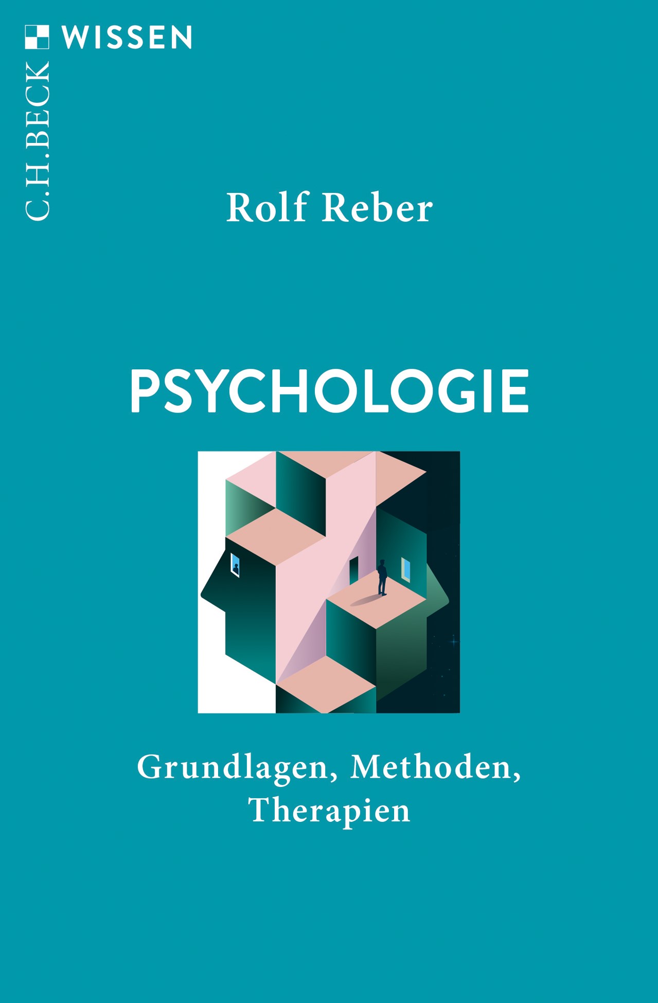 Book cover for "Psychologie". Blue backgroun with abstract squares, building, windows.