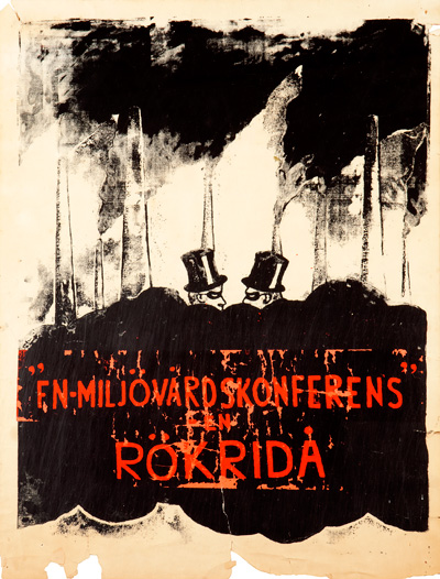 A poster with a print of two men hiding behind a smokescreen.