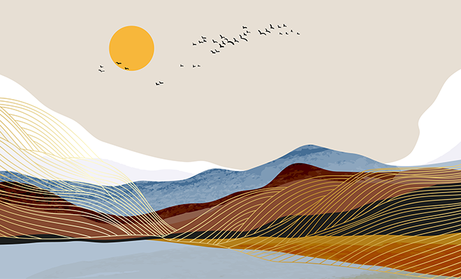 An illustration of lakes, hills and the sky.