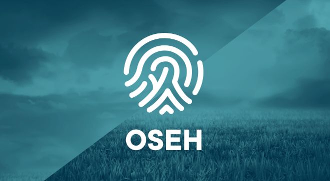 The OSEH logo on a marine green background of skies and forest