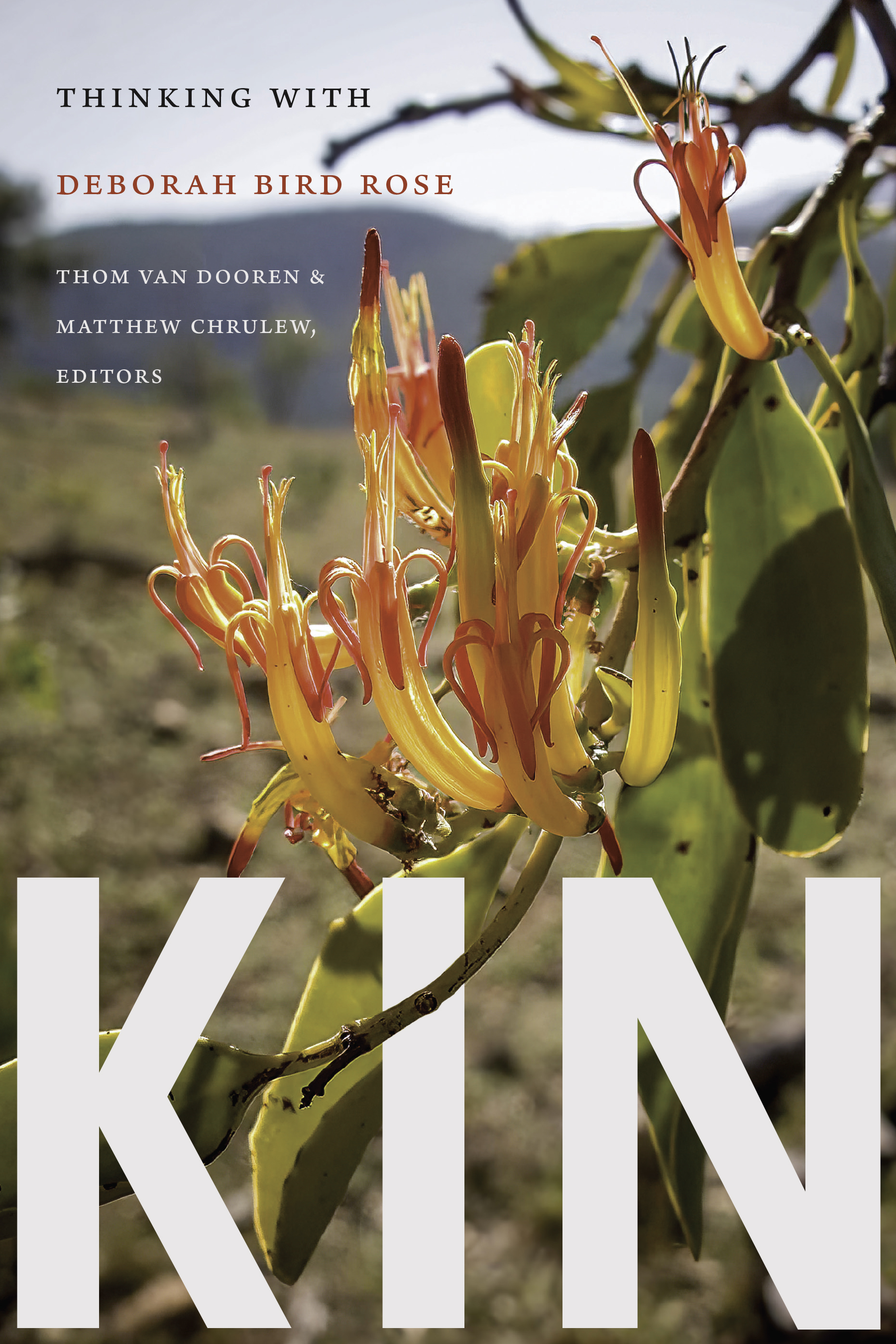 This image shos the fornt cover of the book, Kin: Thinking with Deborah Bird Rose. The title is written i bold large letters on a flower background.