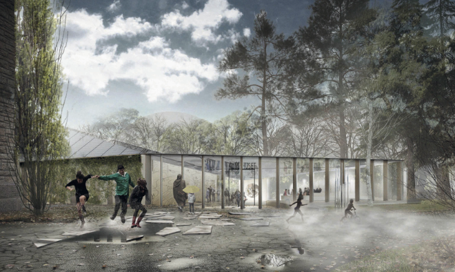 Architects rendering of planned new climate house, sunny with kids playing in front of the building.