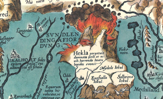  Map of Iceland, first published in 1570, showing the volcano Hekla