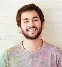 Portrait photo, man, smile, brown hair, short hair, short beard, colorful t-shirt, white background