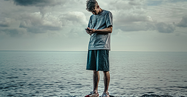 En gutt ser på mobiltelefonen ved sjøen.