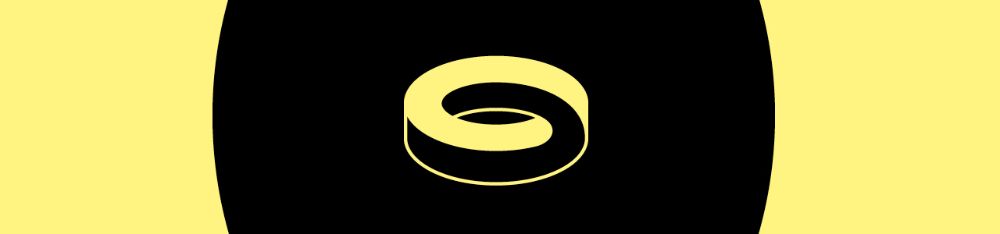 Svart sirkelform på gul bakgrunn. Banner for Filosofi og vitenskap. Logo.