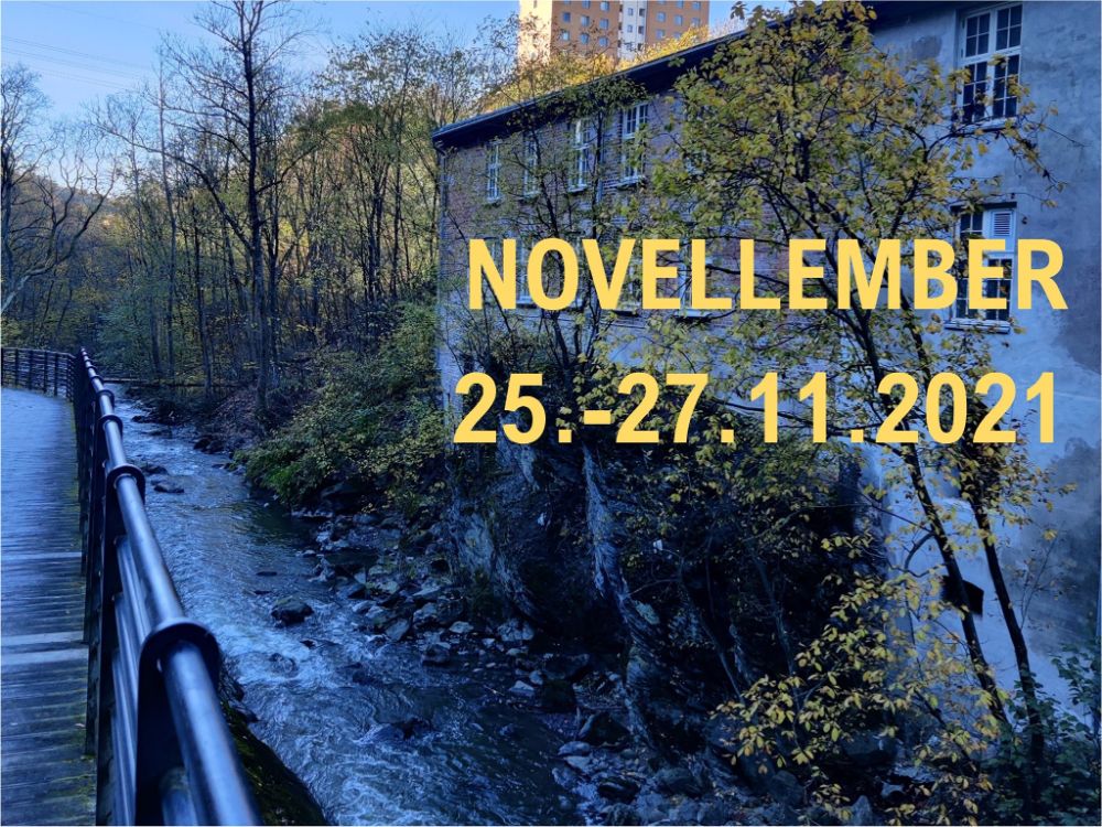 Vinterlanskap med en vei og et bygg i bakgrunnen med teksten "novellember 25.-27.11 2021". Foto.