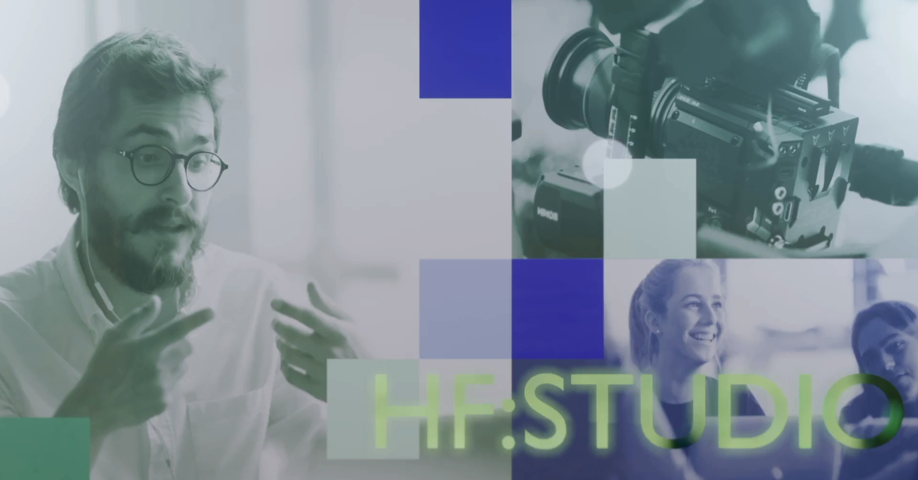 HF:Studio logo, en underviser og et kamera