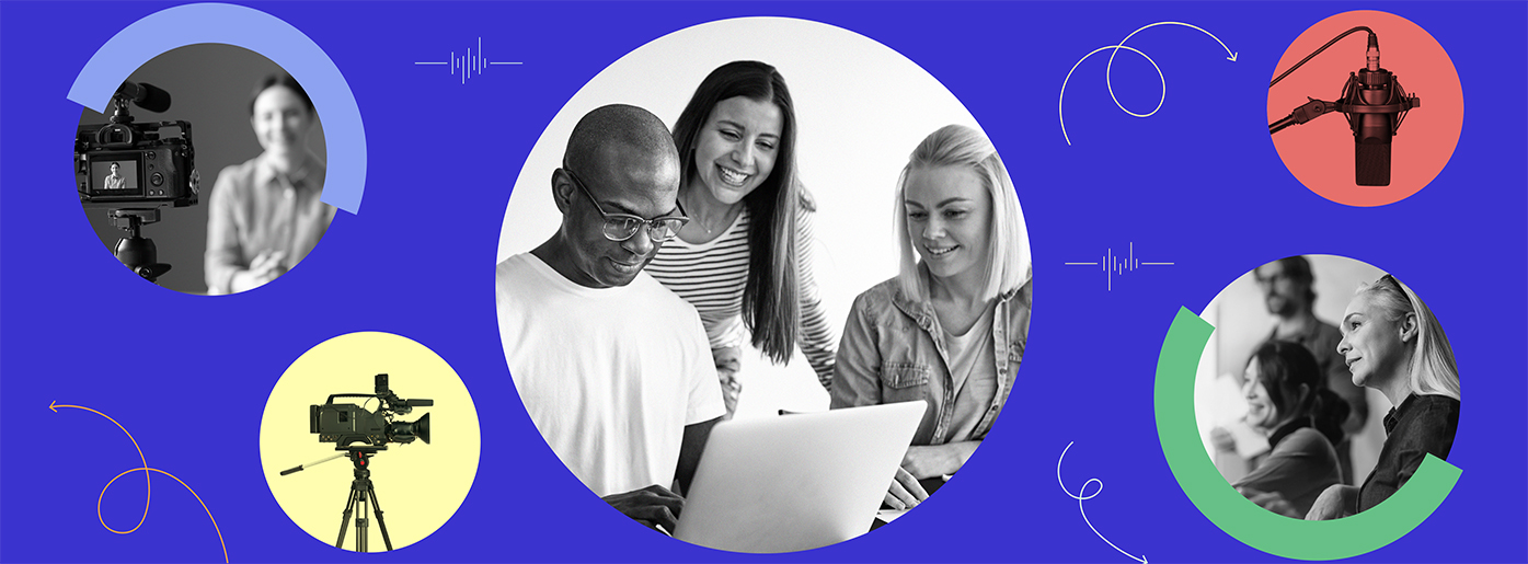 Collage with a blue background and illustrations in various colors and photographs showing a man sitting in front of a video camera, a video camera, three people sitting together looking at a computer screen, a microphone, and three people sitting in a meeting.