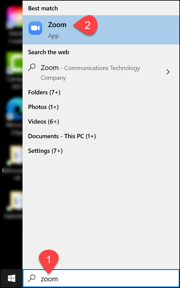 skjermbilde som viser Zoom ikon i start-menyen.