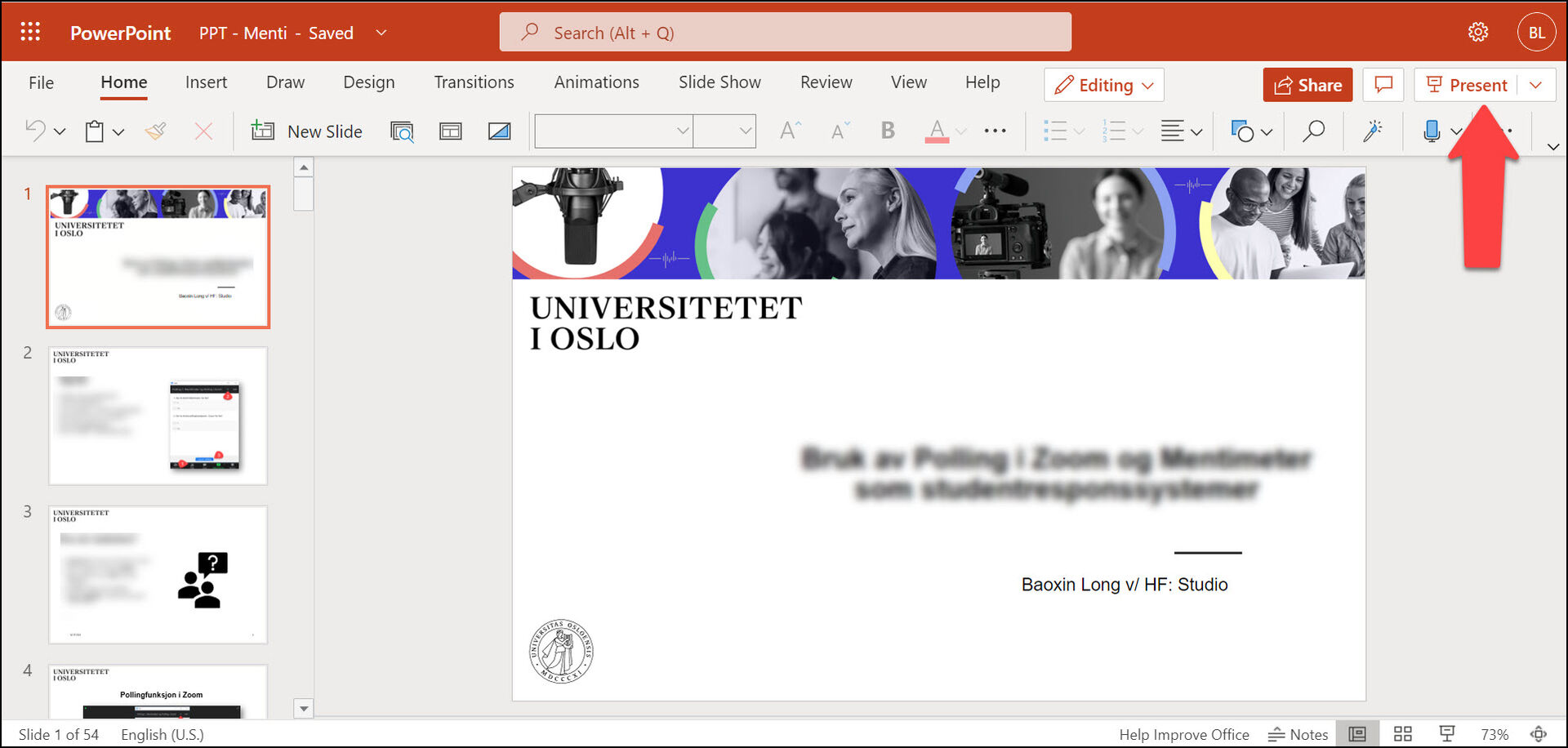 Bilde av skjermdump av en powerpoint presentasjon med pil på present