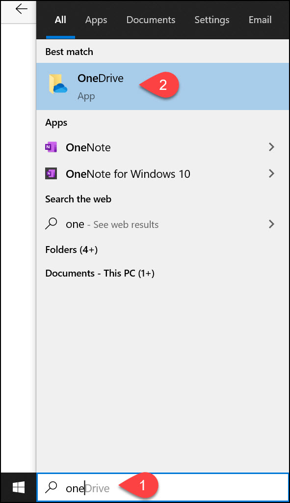 Bilde av startmeny i Windows med anvisning for oppstart av Onedrive