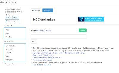 Screenshot of a Glossa main search page: The NDC treebank with metadata categories to the left and the main search box in the middle