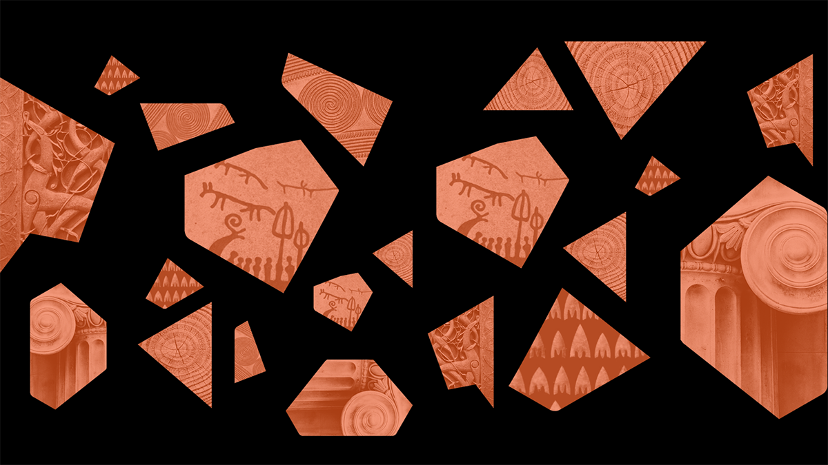 Orange puzzle pieces with petroglyphs, a colum etcetera, on a black background. Illustration.