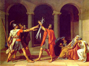 Four men with swords and arrow. Women and children sitting. Painting.