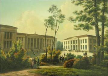 Three big stone buildings with columns. Painting.
