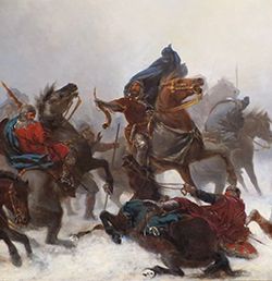Warriors and horses fighting in the snow.
