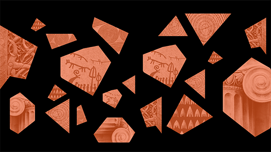 Oransje puslespillbiter med bilder av runer, vikingskip osv. Svart bakgrunn.  