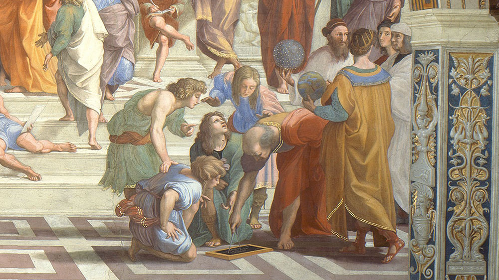 En gruppe personer som forestiller noen av antikkens fremste filosofer, noen av de står bøyd over en tavle mens andre holder en globus og snakker sammen. Maleri.