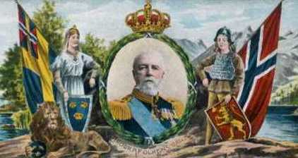 A large portrait of the king with one soldier at each side, one with a flag for the swedish-norwegian union and one with the norwegian flag. Illustration. 