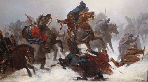 Warriors and horses fighting in the snow. Painting.
