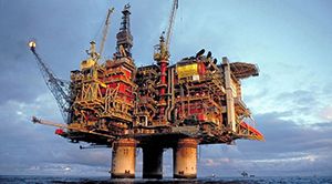 Oil platform on the sea and sky. Photo.