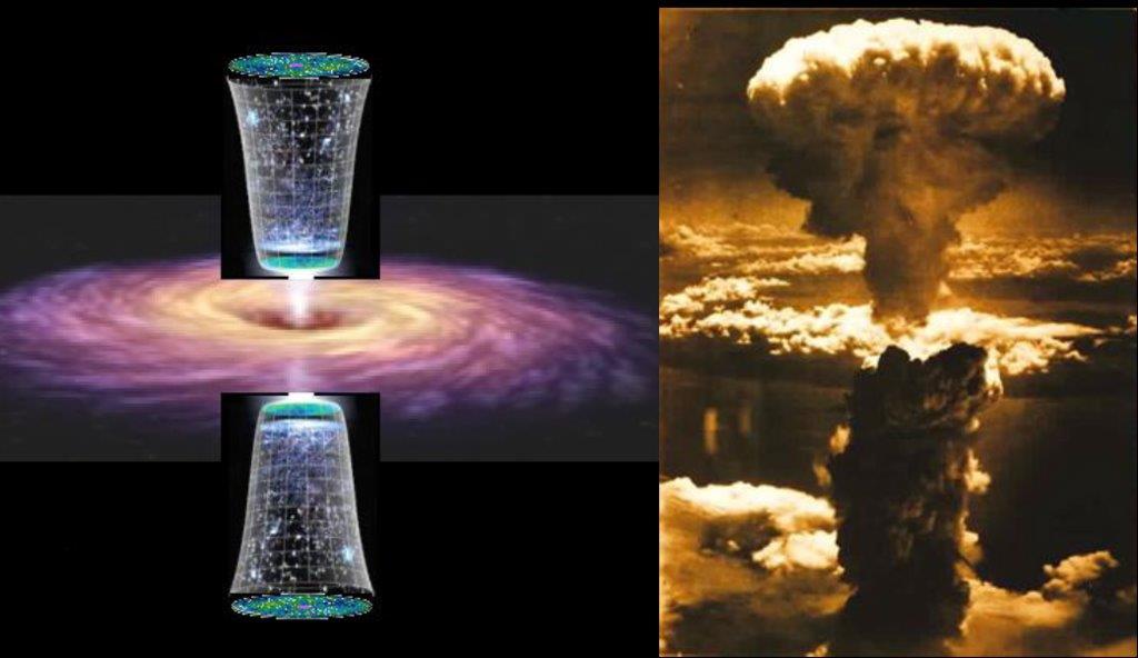 Bildet er en kollasj med the big bang og en atombombe
