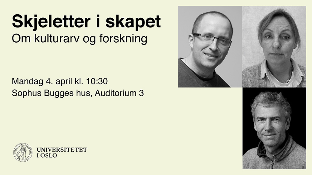 Kremfarget grafikk med tre sorthvite portrettbilder. Plakaten inneholder informasjon om tid, sted og tittel på arrangementet. Teksten er skrevet i sort font.