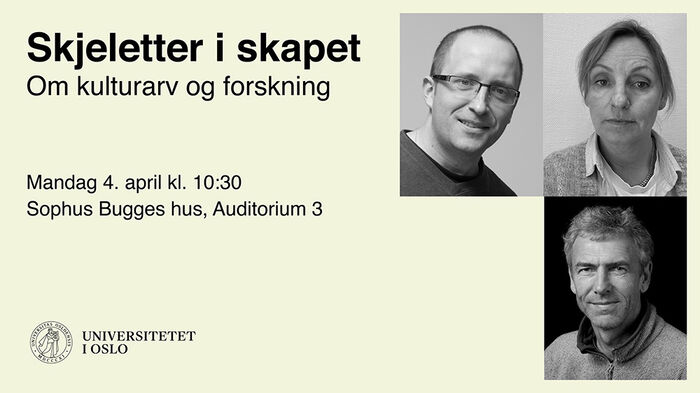 Kremfarget grafikk med tre sorthvite portrettbilder. Plakaten inneholder informasjon om tid, sted og tittel på arrangementet. Teksten er skrevet i sort font.