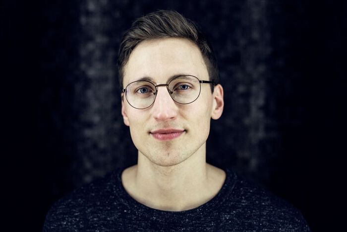 Portrait, man, smiling, glasses. 